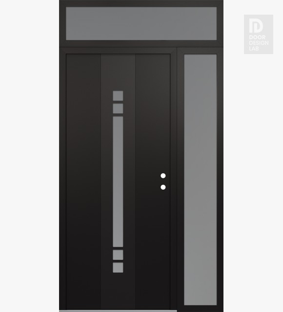 Modern Steel Front Door DIAMOND A4 50" X 96" BLACK/WHITE FROSTED GLASS PANEL BLACK LHI WITH SIDELITE AND TRANSOM FROSTED GLASS
