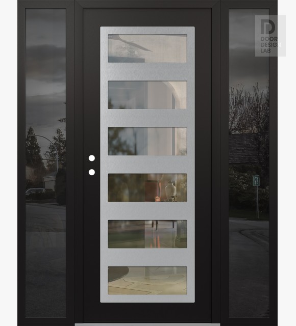 Modern Steel Front Door Diamond C9 60" x 80" black/black clear Glass Panel stainless steel RHI with 2 Sidelites mirrored Glass