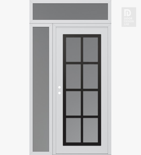 Modern Steel Front Door Diamond C16 48" x 96" white/white frosted Glass Panel black RHI with Sidelite and Transom frosted Glass