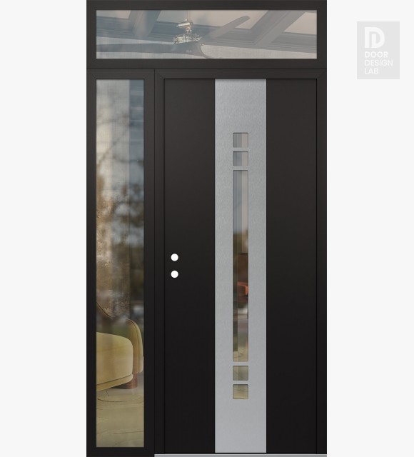 Modern Steel Front Door DIAMOND A4 50" X 96" BLACK/BLACK CLEAR GLASS PANEL STAINLESS STEEL RHI WITH SIDELITE AND TRANSOM CLEAR GLASS