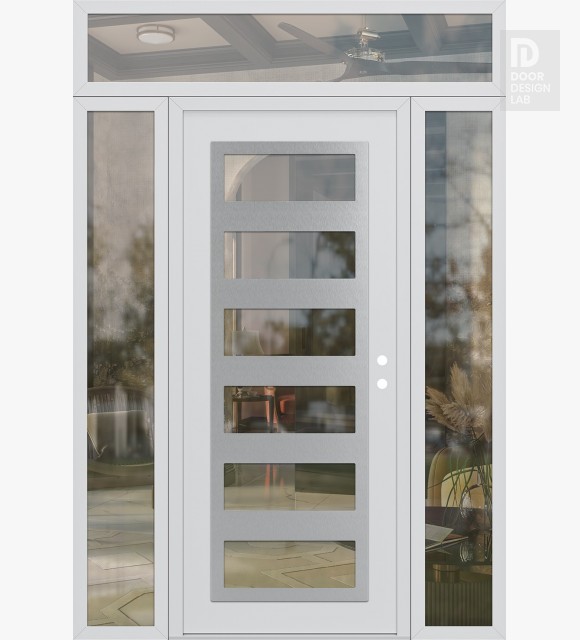 Modern Steel Front Door Diamond C9 64" x 96" white/white clear Glass Panel stainless steel LHI with 2 Sidelites and Transom clear Glass
