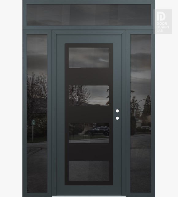 Modern Steel Front Door Diamond C2 68" x 96" anthracite/anthracite mirrored Glass Panel black LHI with 2 Sidelites and Transom mirrored Glass