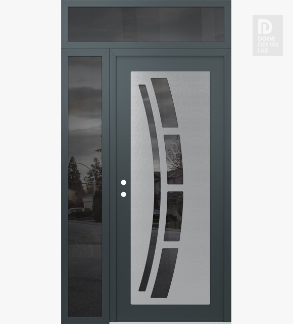 Modern Steel Front Door Diamond C12 50" x 96" anthracite/anthracite mirrored Glass Panel stainless steel RHI with Sidelite and Transom mirrored Glass