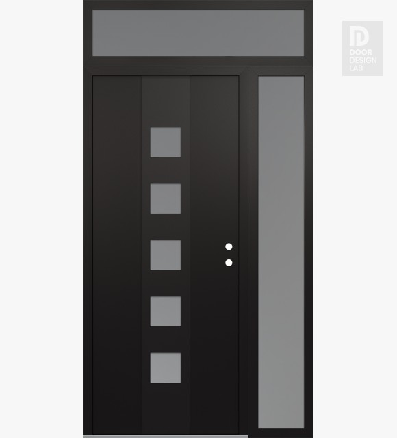 Modern Steel Front Door DIAMOND A13 48" X 96" BLACK/WHITE FROSTED GLASS PANEL BLACK LHI WITH SIDELITE AND TRANSOM FROSTED GLASS