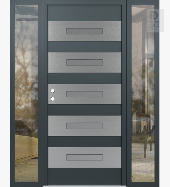 Modern Steel Front Door Diamond D9 60" x 80" anthracite/anthracite frosted Glass Panel stainless steel RHI with 2 Sidelites clear Glass