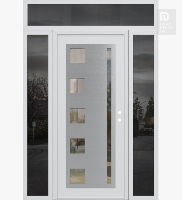 Modern Steel Front Door Diamond C3 64" x 96" white/white clear Glass Panel stainless steel LHI with 2 Sidelites and Transom mirrored Glass