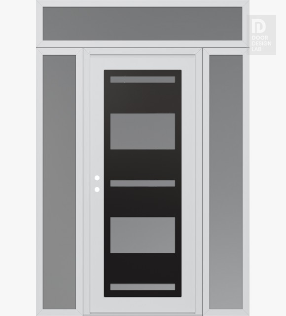 Modern Steel Front Door Diamond C10 60" x 96" white/white frosted Glass Panel black RHI with 2 Sidelites and Transom frosted Glass