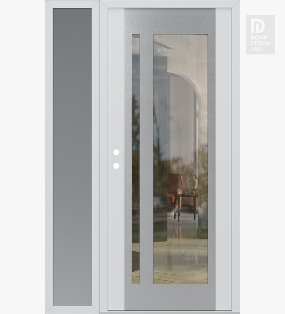 Modern Steel Front Door Diamond C15 52" x 80" white/white clear Glass Panel stainless steel RHI with Sidelite frosted Glass