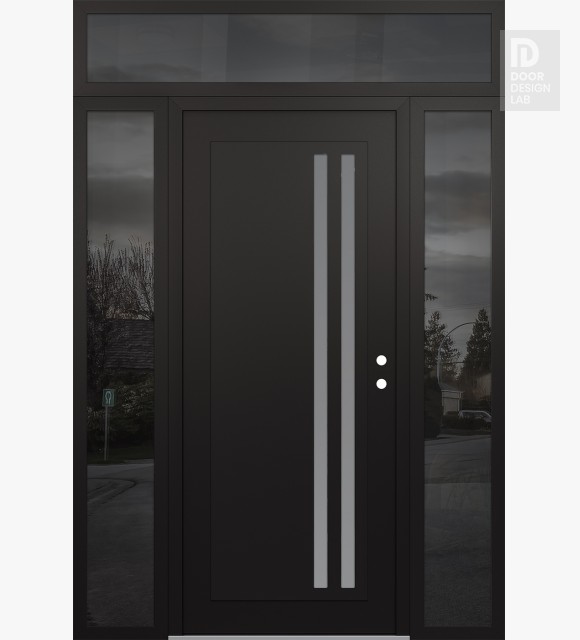 Modern Steel Front Door Diamond C6 60" x 96" black/white frosted Glass Panel black LHI with 2 Sidelites and Transom mirrored Glass