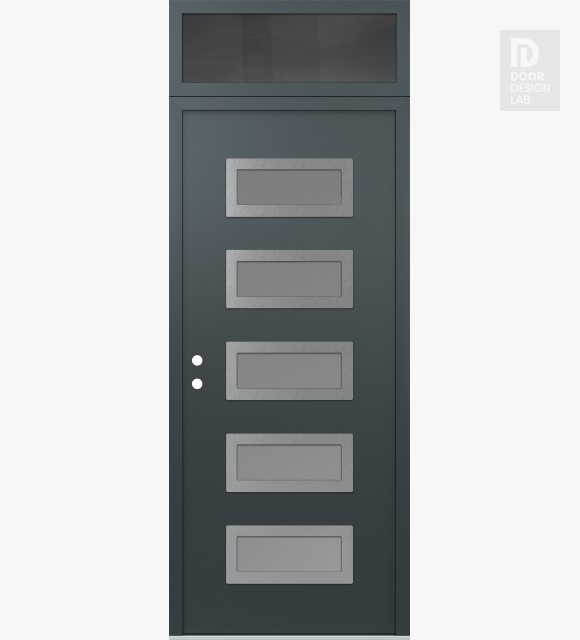 Modern Steel Front Door Diamond D1 36" x 96" anthracite/anthracite frosted Glass Panel stainless steel RHI with Transom mirrored Glass