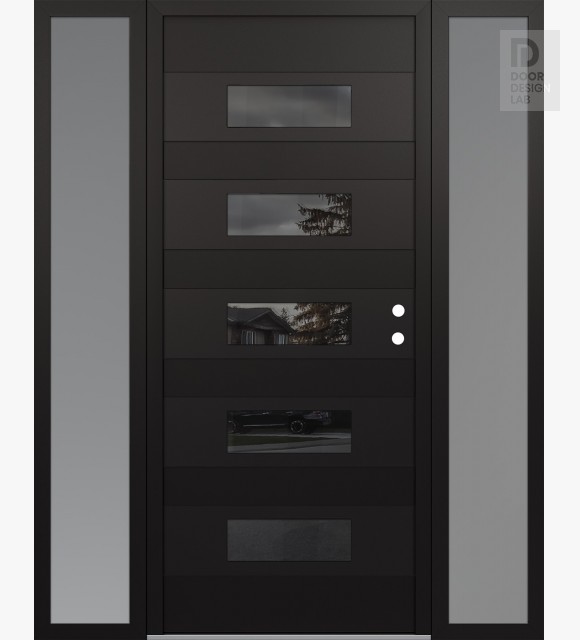 Modern Steel Front Door Diamond D5 60" x 80" black/black mirrored Glass Panel black LHI with 2 Sidelites frosted Glass