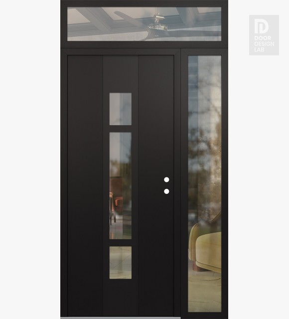 Modern Steel Front Door DIAMOND A9 48" X 96" BLACK/BLACK CLEAR GLASS PANEL BLACK LHI WITH SIDELITE AND TRANSOM CLEAR GLASS