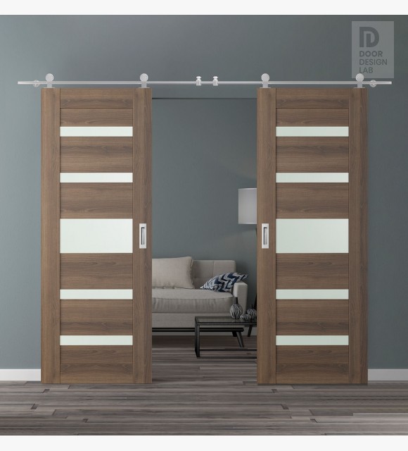 DOUBLE BARN DOOR AVON 07-05 VETRO PECAN NUTWOOD 64" X 96" X 1 3/4" STAINLESS STEEL HARDWARE