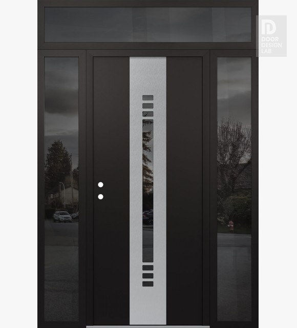 Modern Steel Front Door DIAMOND A5 64" X 96" BLACK/BLACK MIRRORED GLASS PANEL STAINLESS STEEL RHI WITH 2 SIDELITES AND TRANSOM MIRRORED GLASS