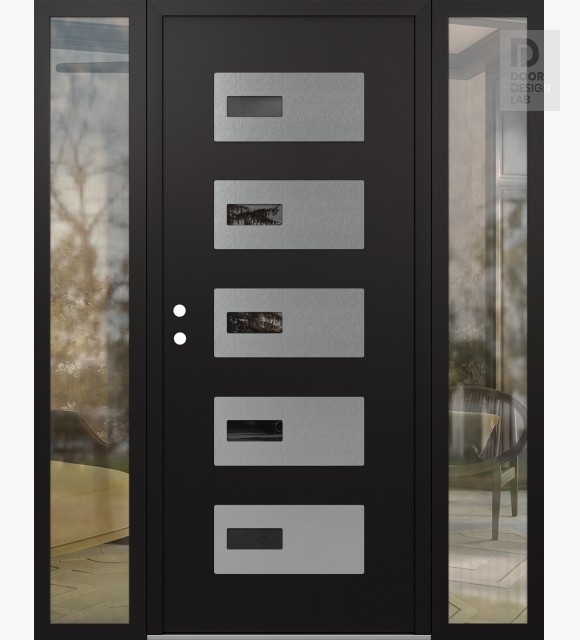 Modern Steel Front Door Diamond D7 68" x 80" black/black mirrored Glass Panel stainless steel RHI with 2 Sidelites clear Glass