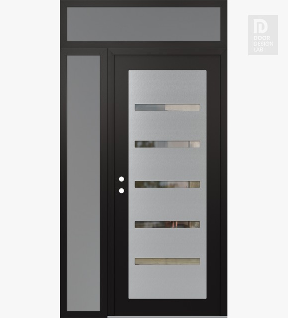 Modern Steel Front Door Diamond C7 48" x 96" black/black clear Glass Panel stainless steel RHI with Sidelite and Transom frosted Glass