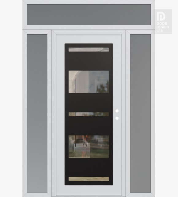 Modern Steel Front Door Diamond C10 64" x 96" white/white clear Glass Panel black LHI with 2 Sidelites and Transom frosted Glass