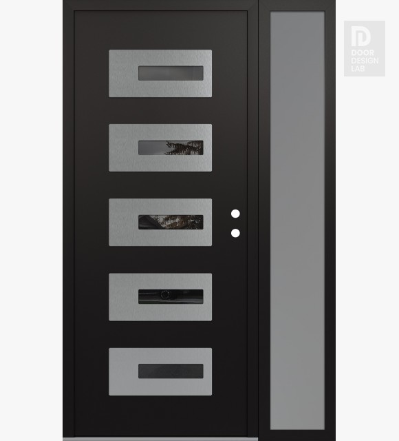 Modern Steel Front Door Diamond D6 52" x 80" black/black mirrored Glass Panel stainless steel LHI with Sidelite frosted Glass