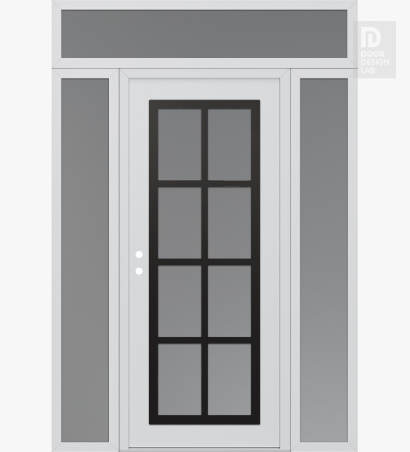 Modern Steel Front Door Diamond C16 64" x 96" white/white frosted Glass Panel black RHI with 2 Sidelites and Transom frosted Glass
