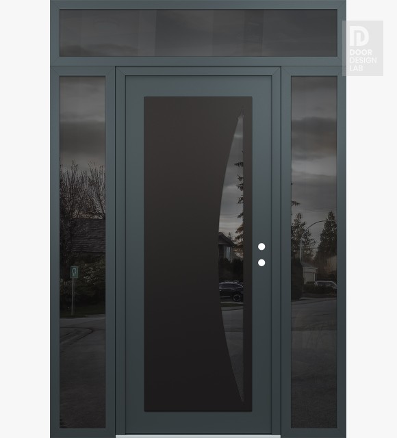 Modern Steel Front Door Diamond C13 60" x 96" anthracite/anthracite mirrored Glass Panel black LHI with 2 Sidelites and Transom mirrored Glass
