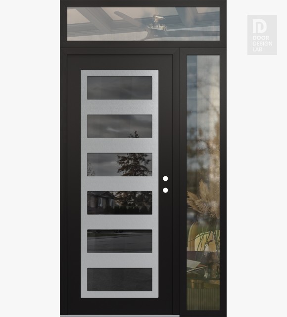 Modern Steel Front Door Diamond C9 50" x 96" black/black mirrored Glass Panel stainless steel LHI with Sidelite and Transom clear Glass