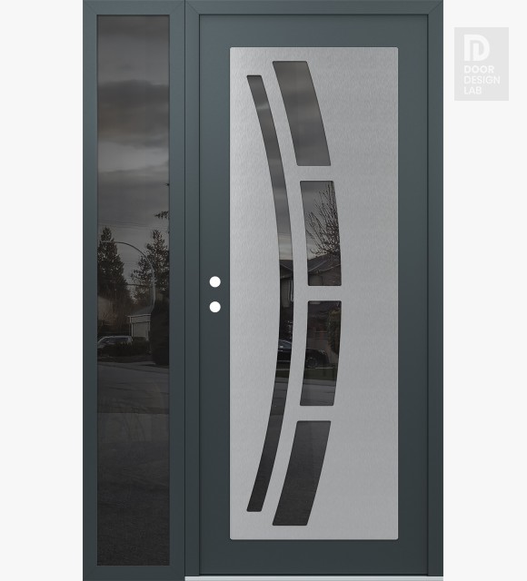 Modern Steel Front Door Diamond C12 50" x 80" anthracite/anthracite mirrored Glass Panel stainless steel RHI with Sidelite mirrored Glass