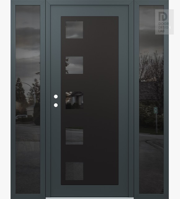 Modern Steel Front Door Diamond C5 60" x 80" anthracite/anthracite mirrored Glass Panel black RHI with 2 Sidelites mirrored Glass