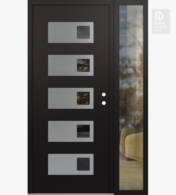 Modern Steel Front Door Diamond D2 48" x 80" black/black mirrored Glass Panel stainless steel LHI with Sidelite clear Glass