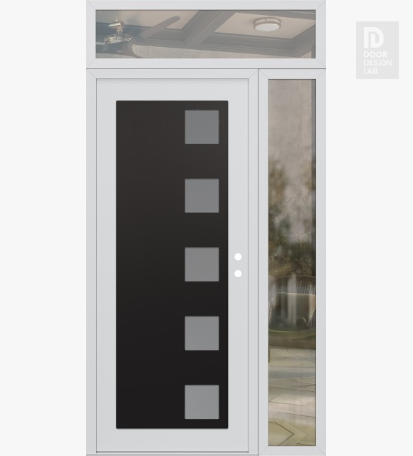 Modern Steel Front Door Diamond C5 52" x 96" white/white frosted Glass Panel black LHI with Sidelite and Transom clear Glass