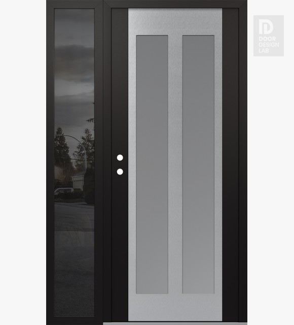 Modern Steel Front Door Diamond C14 52" x 80" black/white frosted Glass Panel stainless steel RHI with Sidelite mirrored Glass