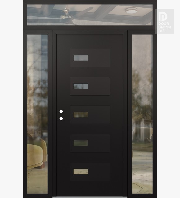Modern Steel Front Door Diamond D7 60" x 96" black/black clear Glass Panel black RHI with 2 Sidelites and Transom clear Glass