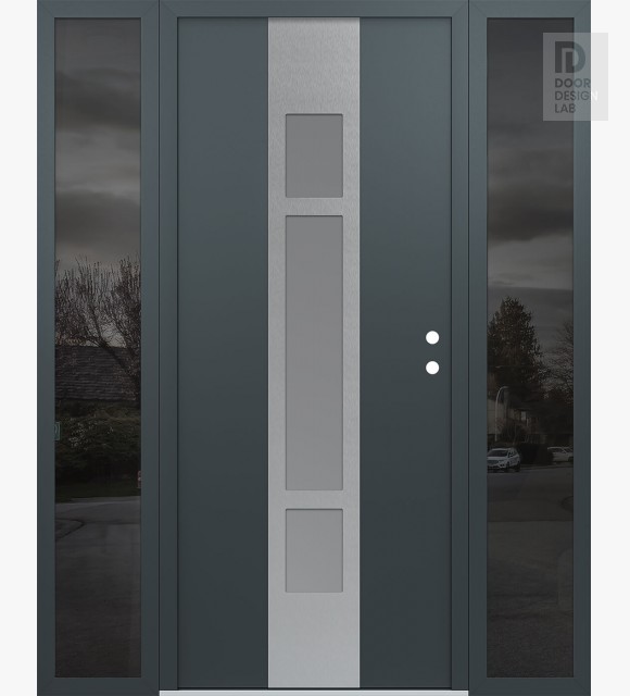Modern Steel Front Door DIAMOND A9 60" X 80" ANTHRACITE/ANTHRACITE FROSTED GLASS PANEL STAINLESS STEEL LHI WITH 2 SIDELITES MIRRORED GLASS