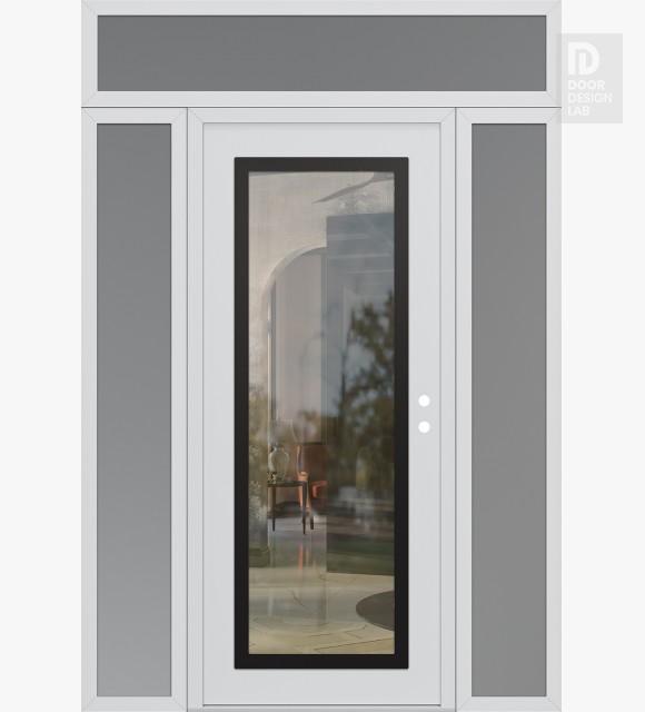 Modern Steel Front Door Diamond C1 60" x 96" white/white clear Glass Panel black LHI with 2 Sidelites and Transom frosted Glass