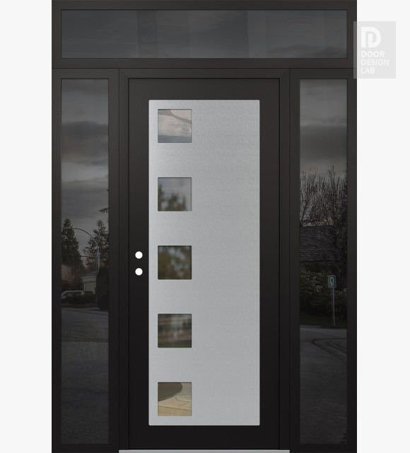 Modern Steel Front Door Diamond C5 60" x 96" black/black clear Glass Panel stainless steel RHI with 2 Sidelites and Transom mirrored Glass