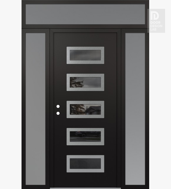 Modern Steel Front Door Diamond D1 68" x 96" black/black mirrored Glass Panel stainless steel RHI with 2 Sidelites and Transom frosted Glass
