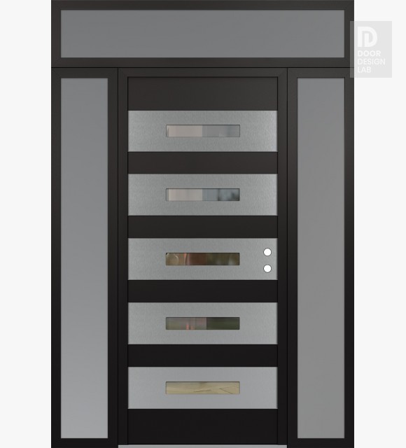 Modern Steel Front Door Diamond D9 68" x 96" black/black clear Glass Panel stainless steel LHI with 2 Sidelites and Transom frosted Glass