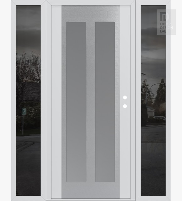 Modern Steel Front Door Diamond C14 64" x 80" white/white frosted Glass Panel stainless steel LHI with 2 Sidelites mirrored Glass