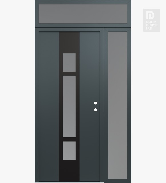 Modern Steel Front Door DIAMOND A9 48" X 96" ANTHRACITE/ANTHRACITE FROSTED GLASS PANEL BLACK LHI WITH SIDELITE AND TRANSOM FROSTED GLASS