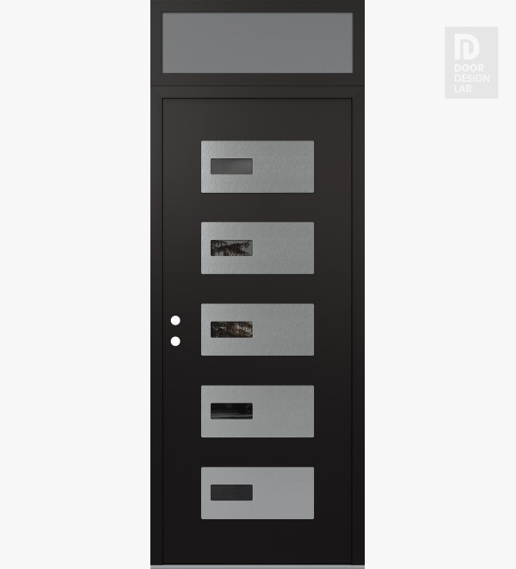 Modern Steel Front Door Diamond D7 36" x 96" black/black mirrored Glass Panel stainless steel RHI with Transom frosted Glass