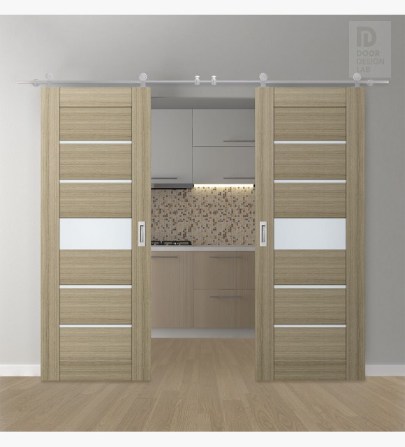 DOUBLE BARN DOOR AVON 07-06 VETRO SHAMBOR 36" X 84" X 1 3/4" STAINLESS STEEL HARDWARE