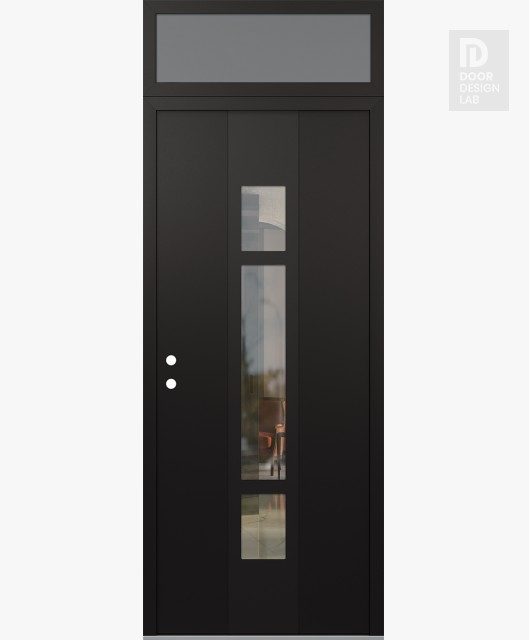 Modern Steel Front Door DIAMOND A9 36" X 96" BLACK/BLACK CLEAR GLASS PANEL BLACK RHI WITH TRANSOM FROSTED GLASS