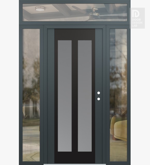 Modern Steel Front Door Diamond C14 68" x 96" anthracite/anthracite frosted Glass Panel black LHI with 2 Sidelites and Transom clear Glass