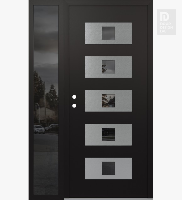 Modern Steel Front Door Diamond D8 48" x 80" black/black mirrored Glass Panel stainless steel RHI with Sidelite mirrored Glass