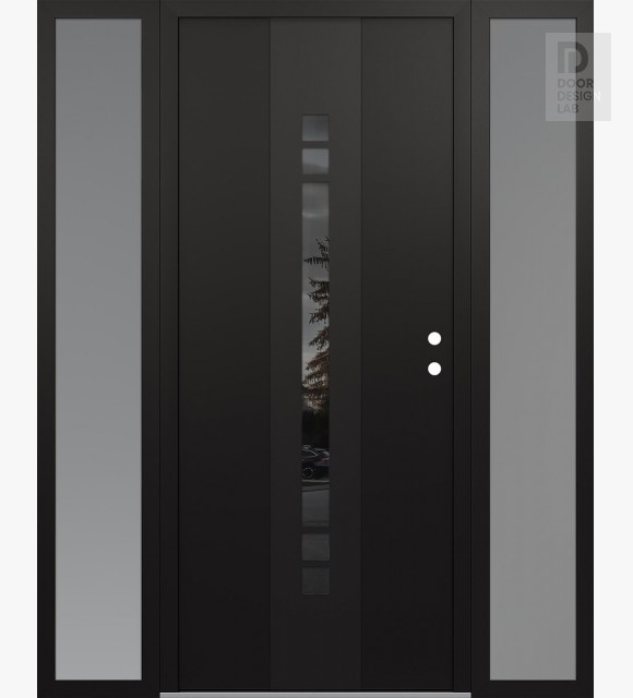 Modern Steel Front Door DIAMOND A4 64" X 80" BLACK/BLACK MIRRORED GLASS PANEL BLACK LHI WITH 2 SIDELITES FROSTED GLASS