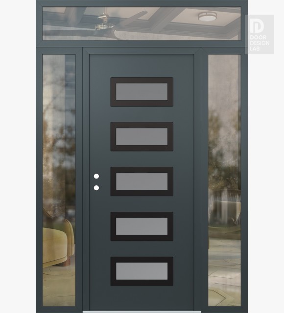 Modern Steel Front Door Diamond D1 68" x 96" anthracite/anthracite frosted Glass Panel black RHI with 2 Sidelites and Transom clear Glass