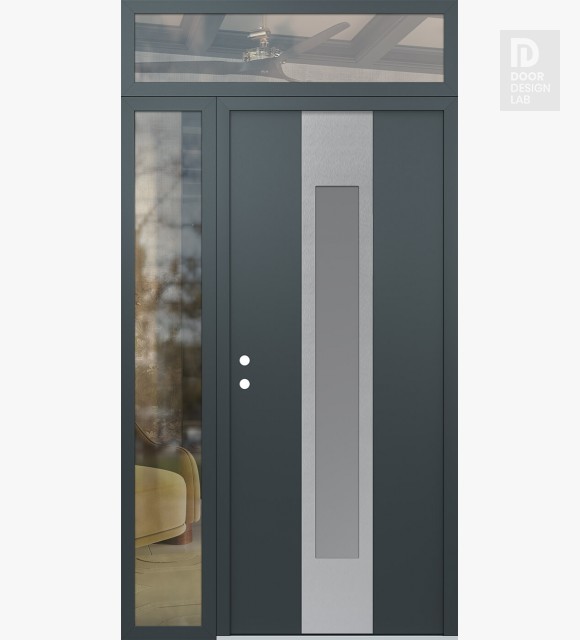 Modern Steel Front Door DIAMOND A1 52" X 96" ANTHRACITE/ANTHRACITE FROSTED GLASS PANEL STAINLESS STEEL RHI WITH SIDELITE AND TRANSOM CLEAR GLASS