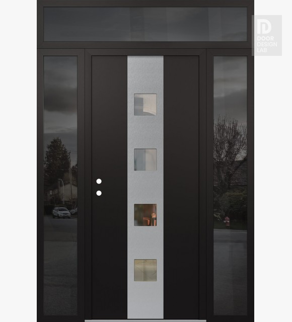 Modern Steel Front Door DIAMOND A12 68" X 96" BLACK/BLACK CLEAR GLASS PANEL STAINLESS STEEL RHI WITH 2 SIDELITES AND TRANSOM MIRRORED GLASS