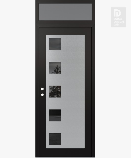 Modern Steel Front Door Diamond C5 36" x 96" black/black mirrored Glass Panel stainless steel RHI with Transom frosted Glass
