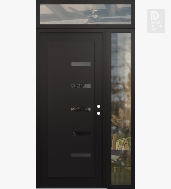 Modern Steel Front Door Diamond C8 50" x 96" black/black mirrored Glass Panel black LHI with Sidelite and Transom clear Glass