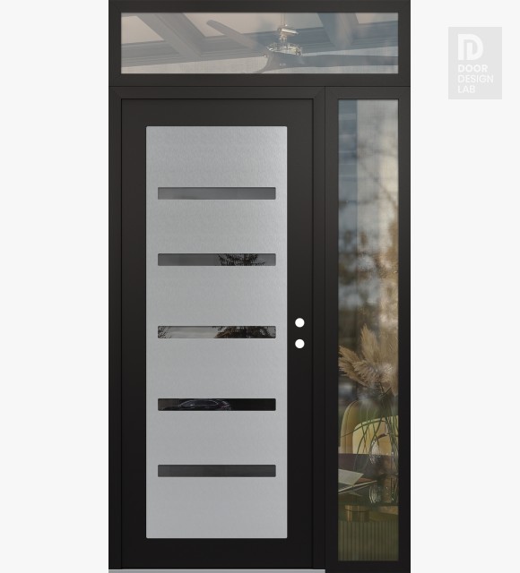Modern Steel Front Door Diamond C7 52" x 96" black/black mirrored Glass Panel stainless steel LHI with Sidelite and Transom clear Glass